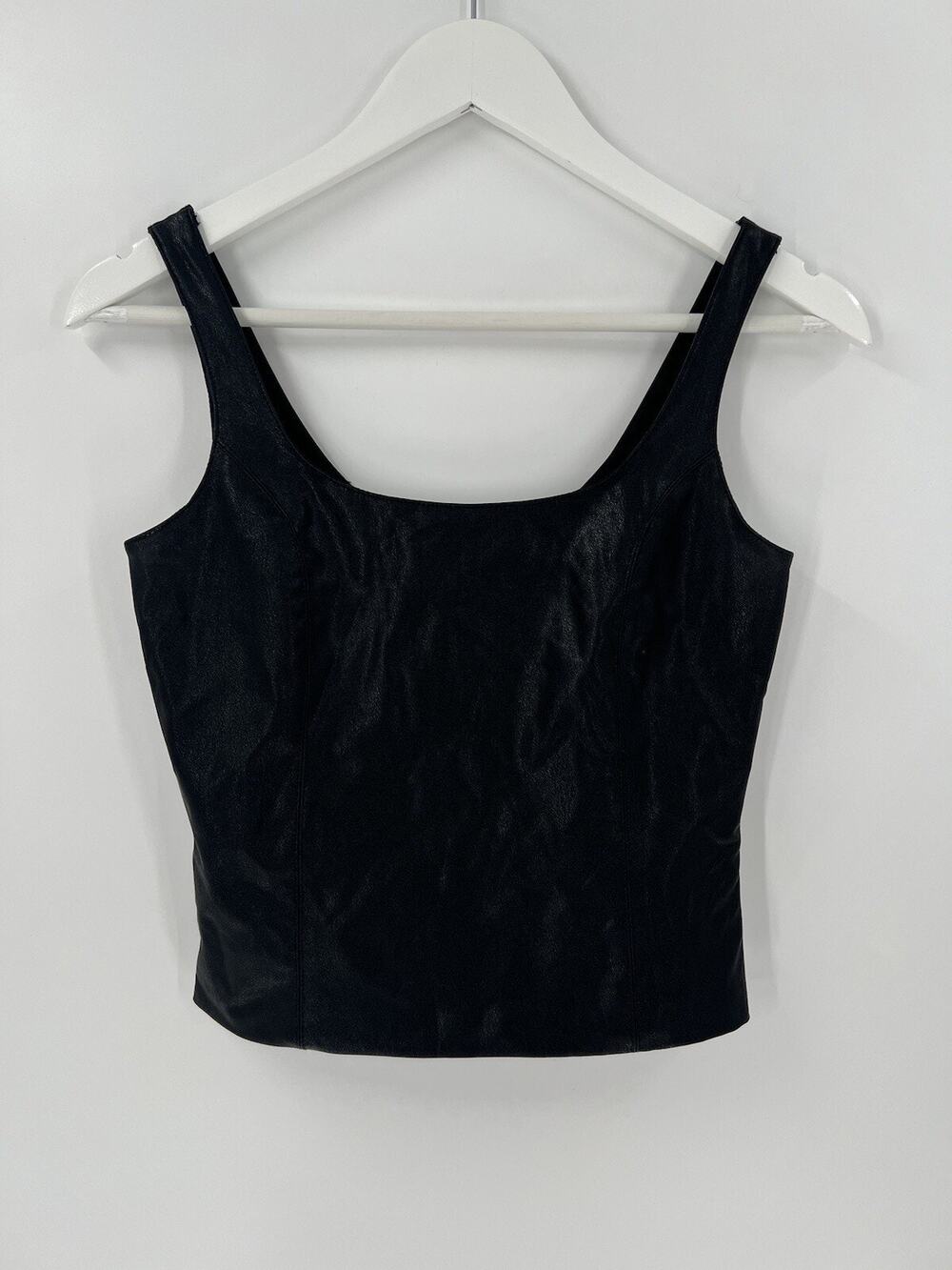 Amanda Uprichard Black Satin Faux Leather Tank Top Small Fitted Y2K Zip Back